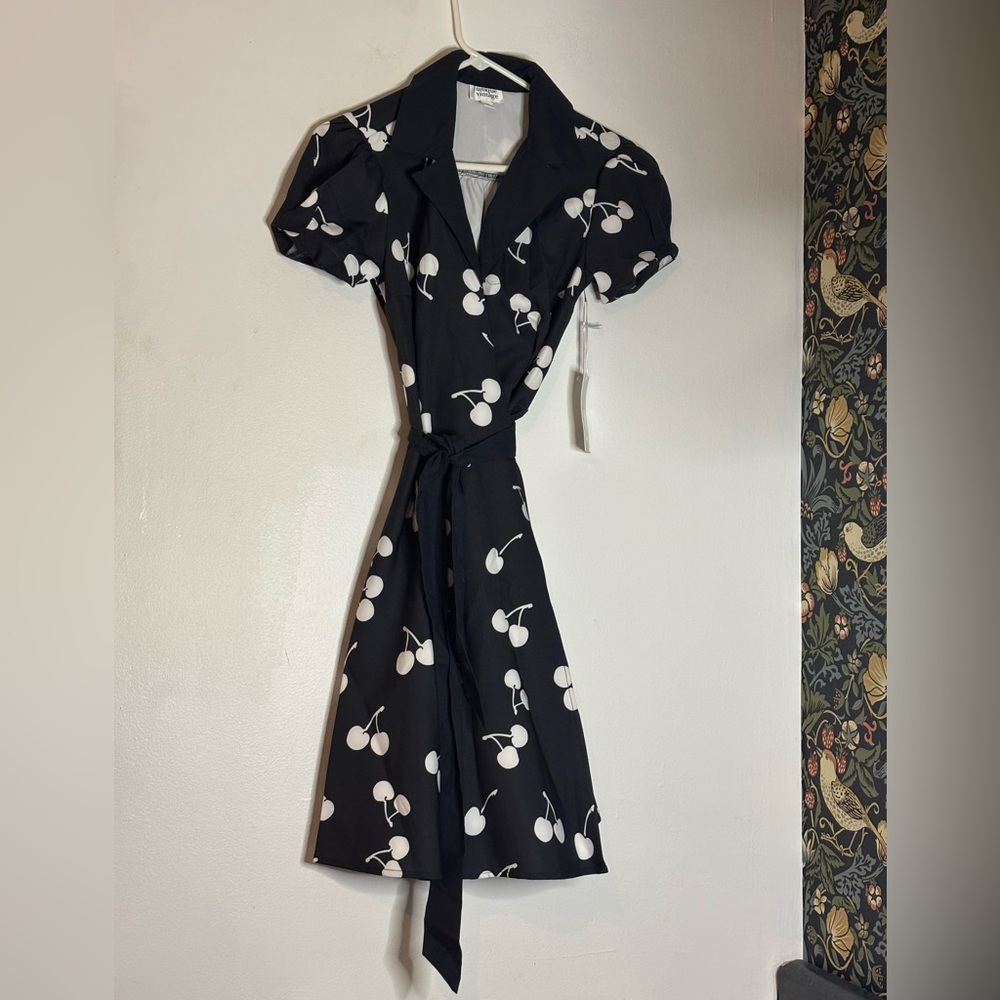 Unique Vintage Black & white cherry print wrap dress Sz S/4 NEW retro rockabilly